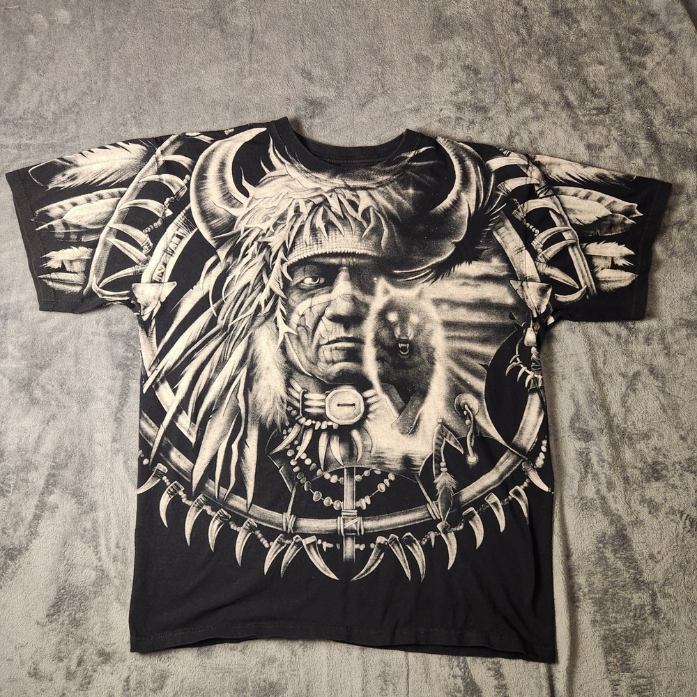 Liquid Blue Native American Wolf Spirit All Over Print T-Shirt Mens L Black